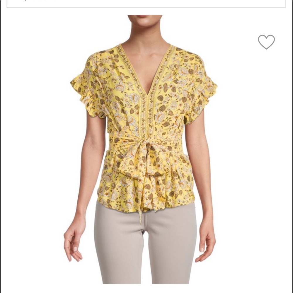 Printed Ruffle-Sleeve Tie-Waist Top